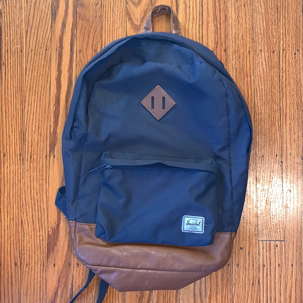 Herschel Navy Blue Backpack with Brown Leather and Red Striped Interior